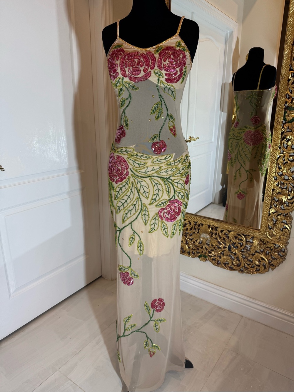 Hand beaded Pink Rose long dress.  Made on power mesh stretch fabric.  HOT!!!! - Picture 7 of 7
